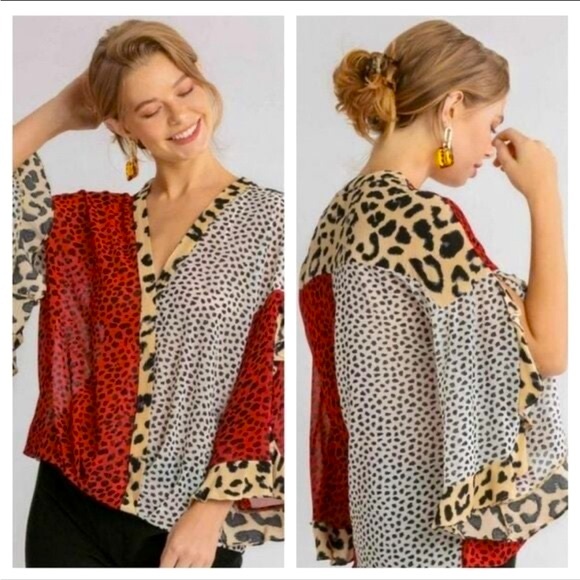 UMGEE ANIMAL PRINT RUFFLED SLEEVE SURPLICE TOP. LIGHTWEIGHT SHEER, HIGH LOW HEM - Picture 7 of 12